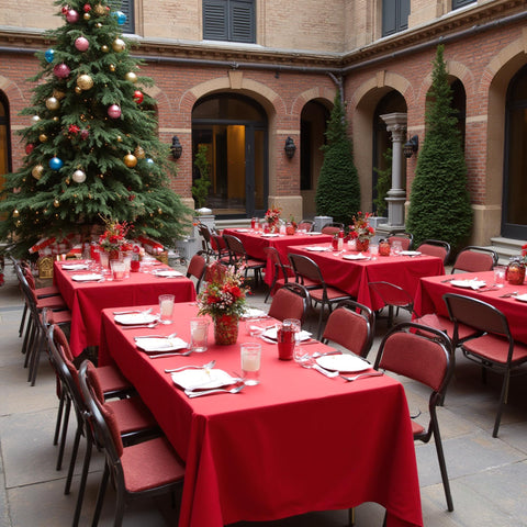 Sancua red tablecloth on a 6-foot rectangle table during an event.