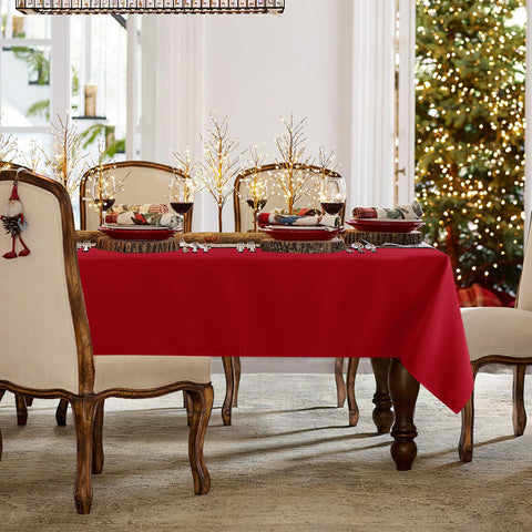 Sancua red tablecloth 60x84 with 18-inch drop covering a four-foot table.