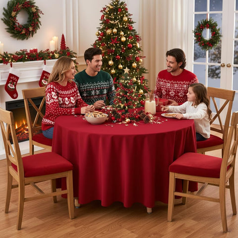 Sancua 108-inch red tablecloth close-up fabric texture highlighting polyester weave.
