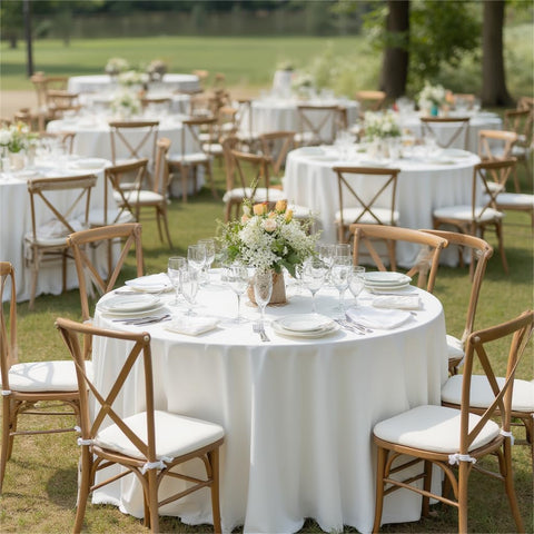 Sancua 108-inch white tablecloth at buffet simplifying cleanup.