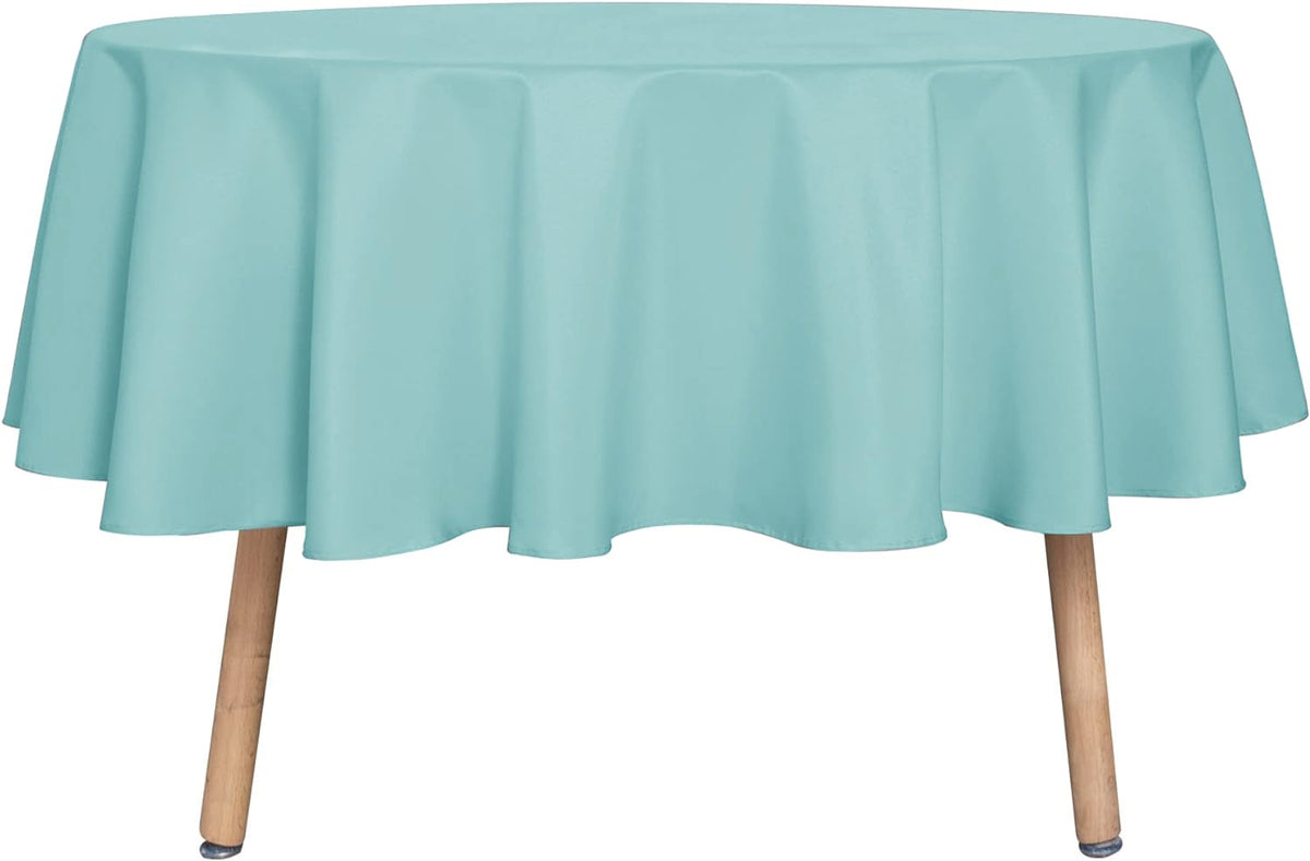 Sancua round 60-inch turquoise tablecloth protecting dining surface from spills.