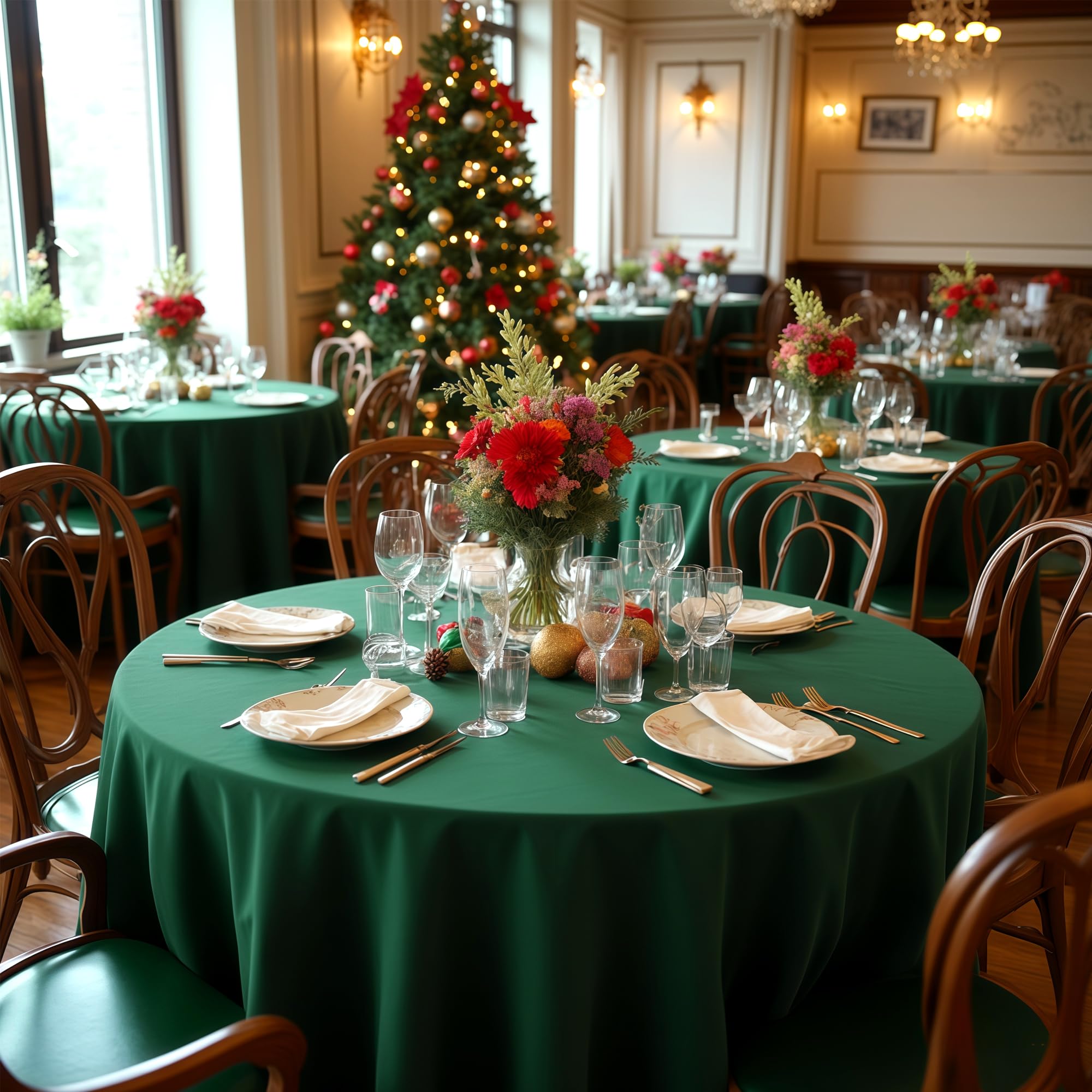 Sancua 8-pack round tablecloths in hunter green ready for event setup