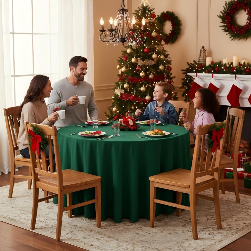Sancua round tablecloth close-up shows durable, wipe-clean polyester texture.