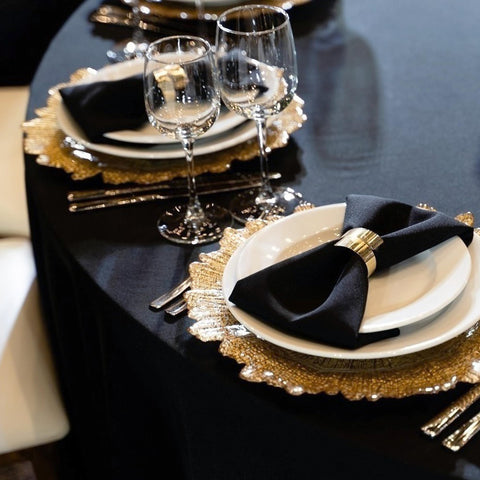 Sancua round tablecloth draped with a 9-inch drop for a polished look.