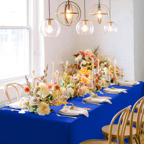 Sancua Royal Blue tablecloth on a dining table for everyday elegance