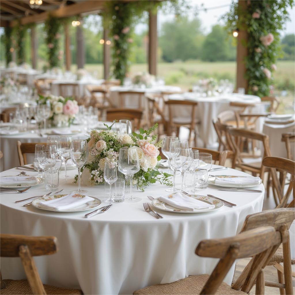 Sancua round tablecloth on a dining buffet setup demonstrating versatility.