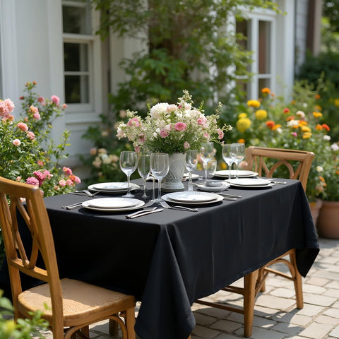 Sancua tablecloth on a dining setup in black enhances ambiance for everyday meals.