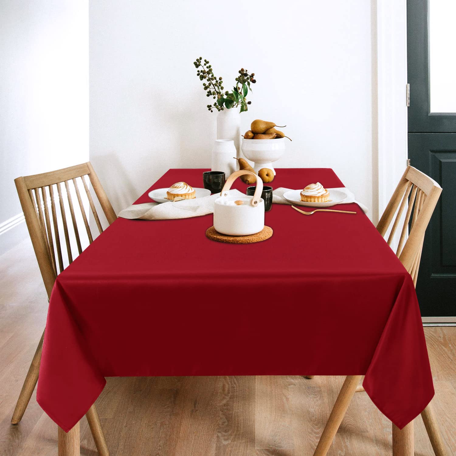 Sancua red tablecloth on a dining setup with generous coverage and vibrant color.
