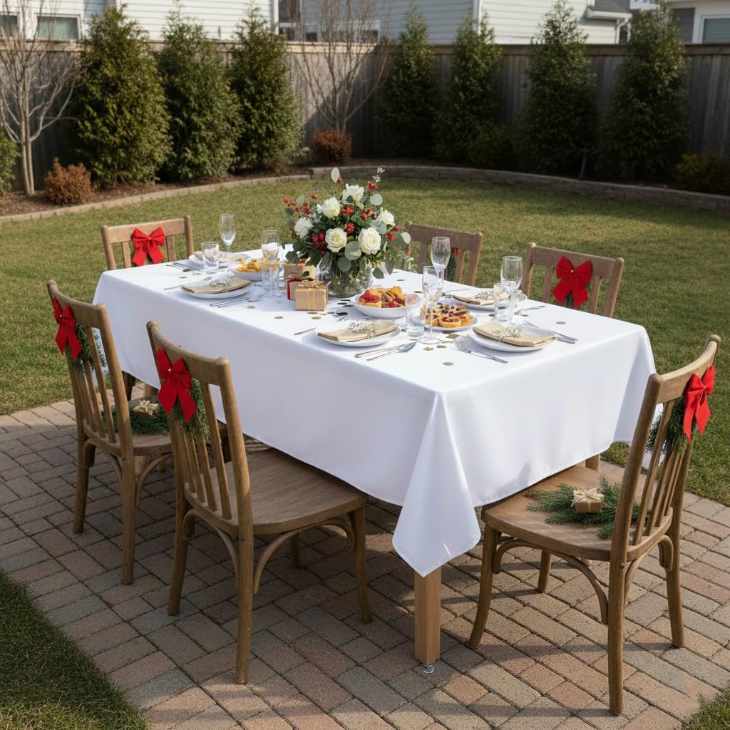 Sancua dining table setup with white rectangle tablecloth.