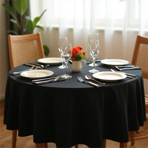 Sancua stain-resistant polyester tablecloth draped over dining table