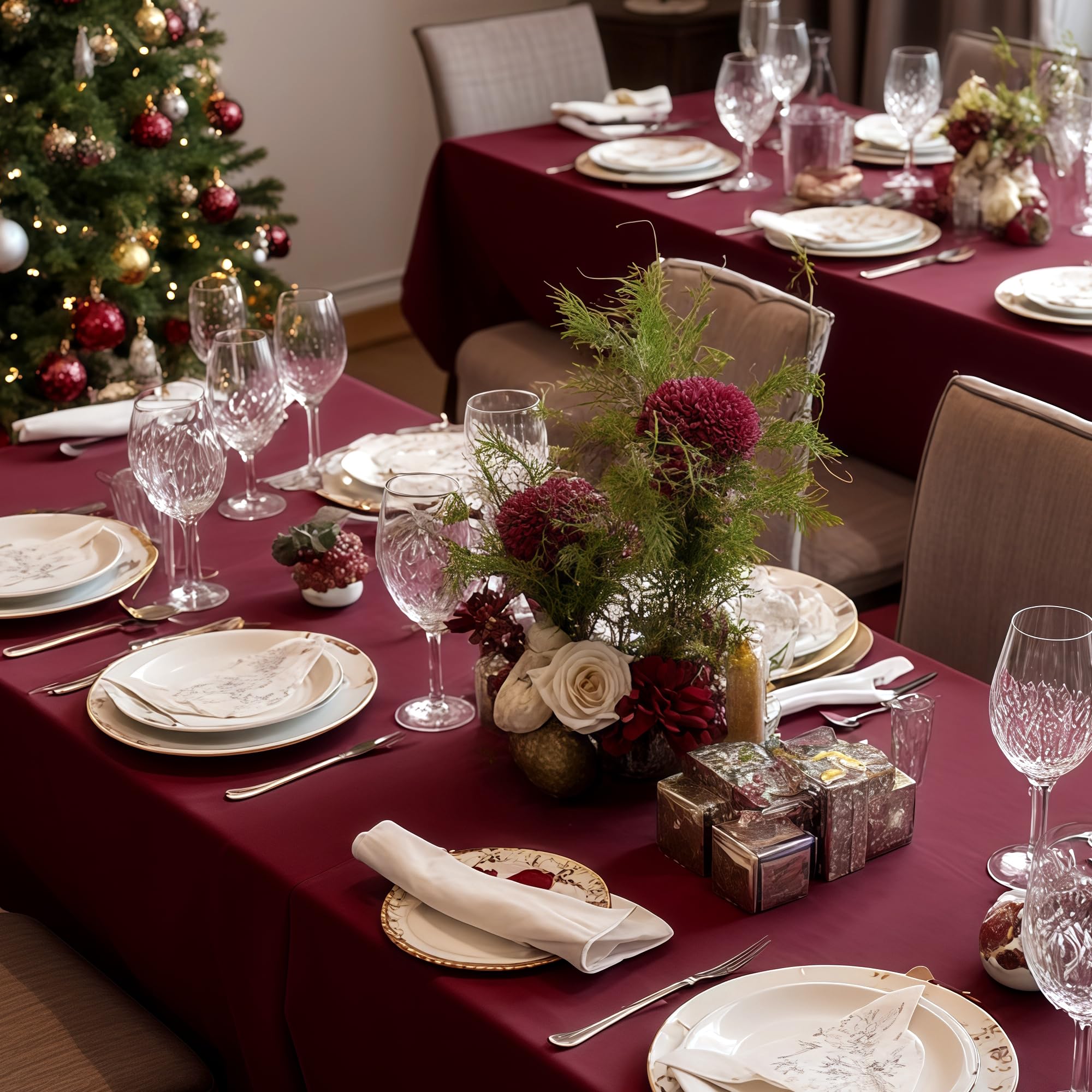 Sancua burgundy tablecloth draped over tables at a wedding reception setup
