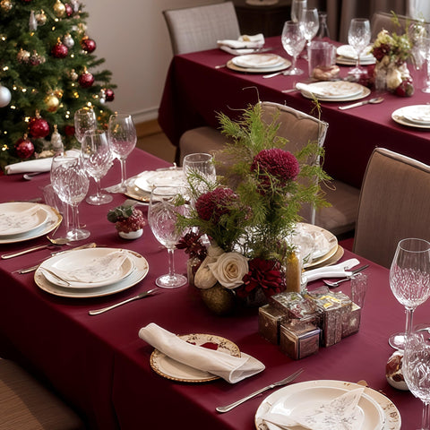 Sancua burgundy tablecloth draped over tables at a wedding reception setup