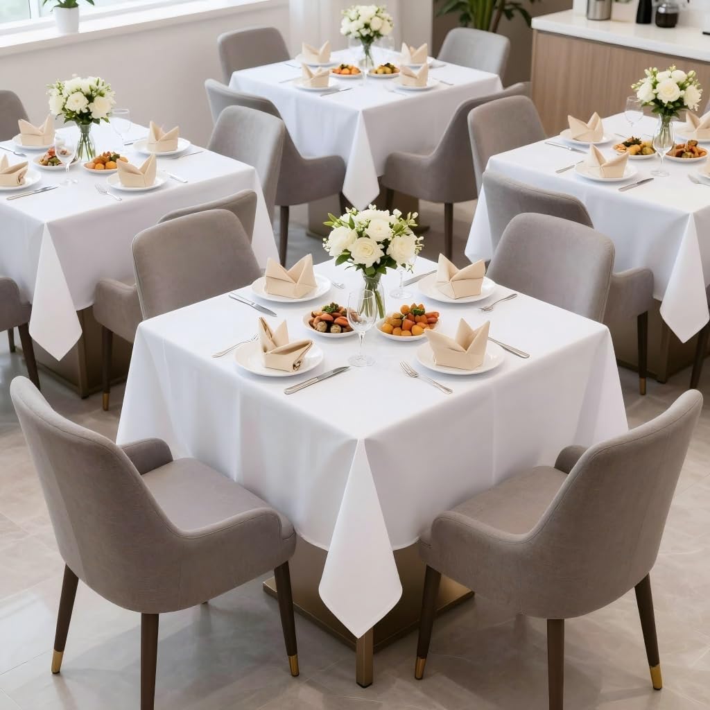 Sancua white square tablecloth hemmed edge close-up detail