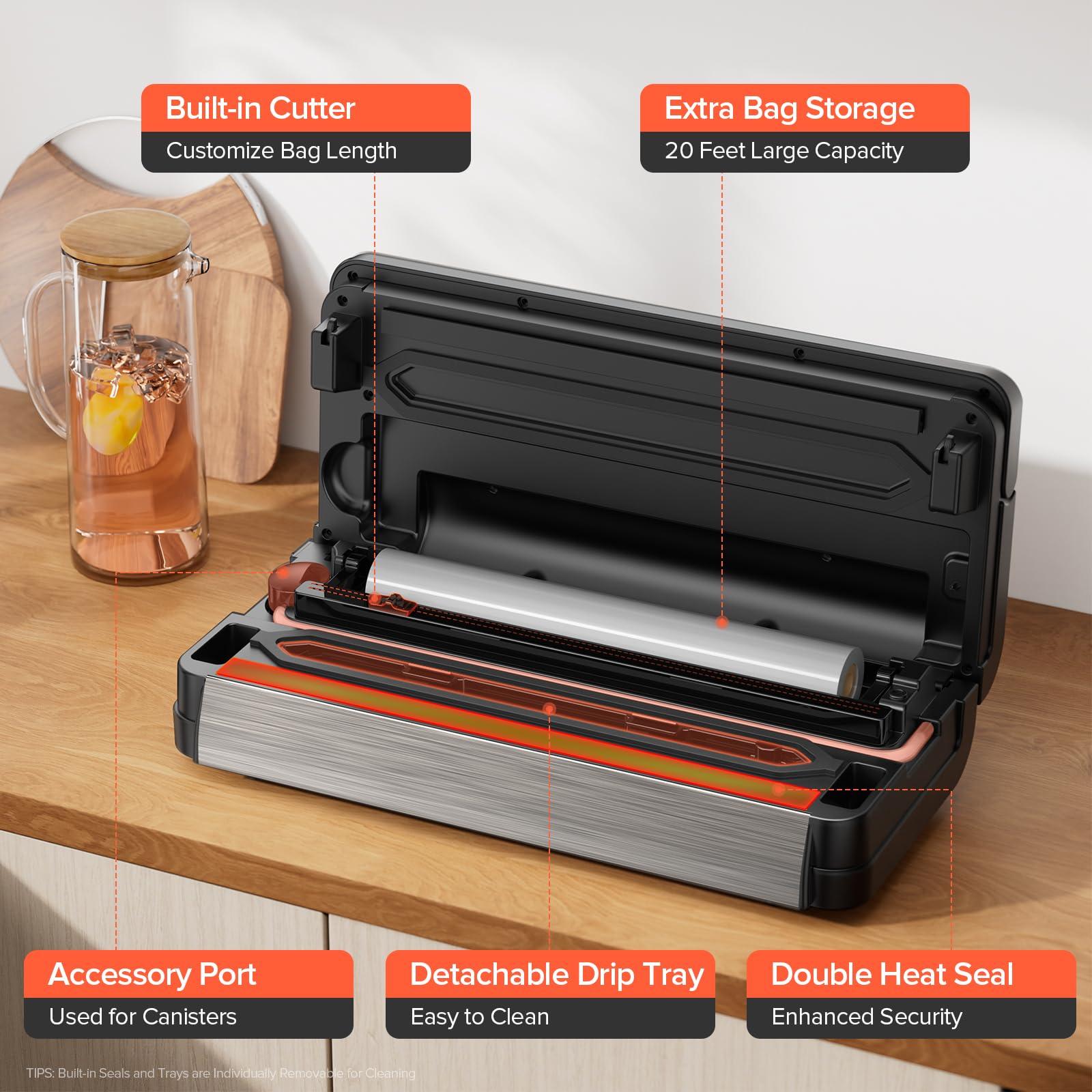 Sandifeng vacuum sealer showing one-hand lock for effortless countertop use.