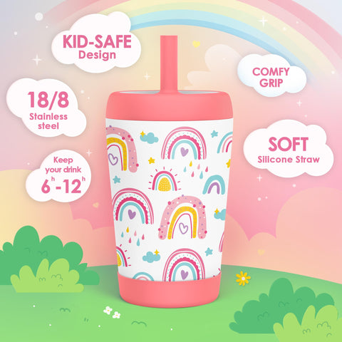 SANDJEST 12oz insulated tumbler keeps drinks cooler during playtime and school.