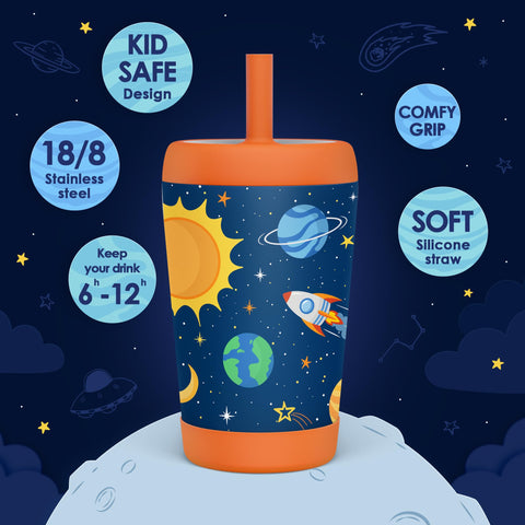 SANDJEST 12oz sippy cup with silicone straw for mess-free sipping.