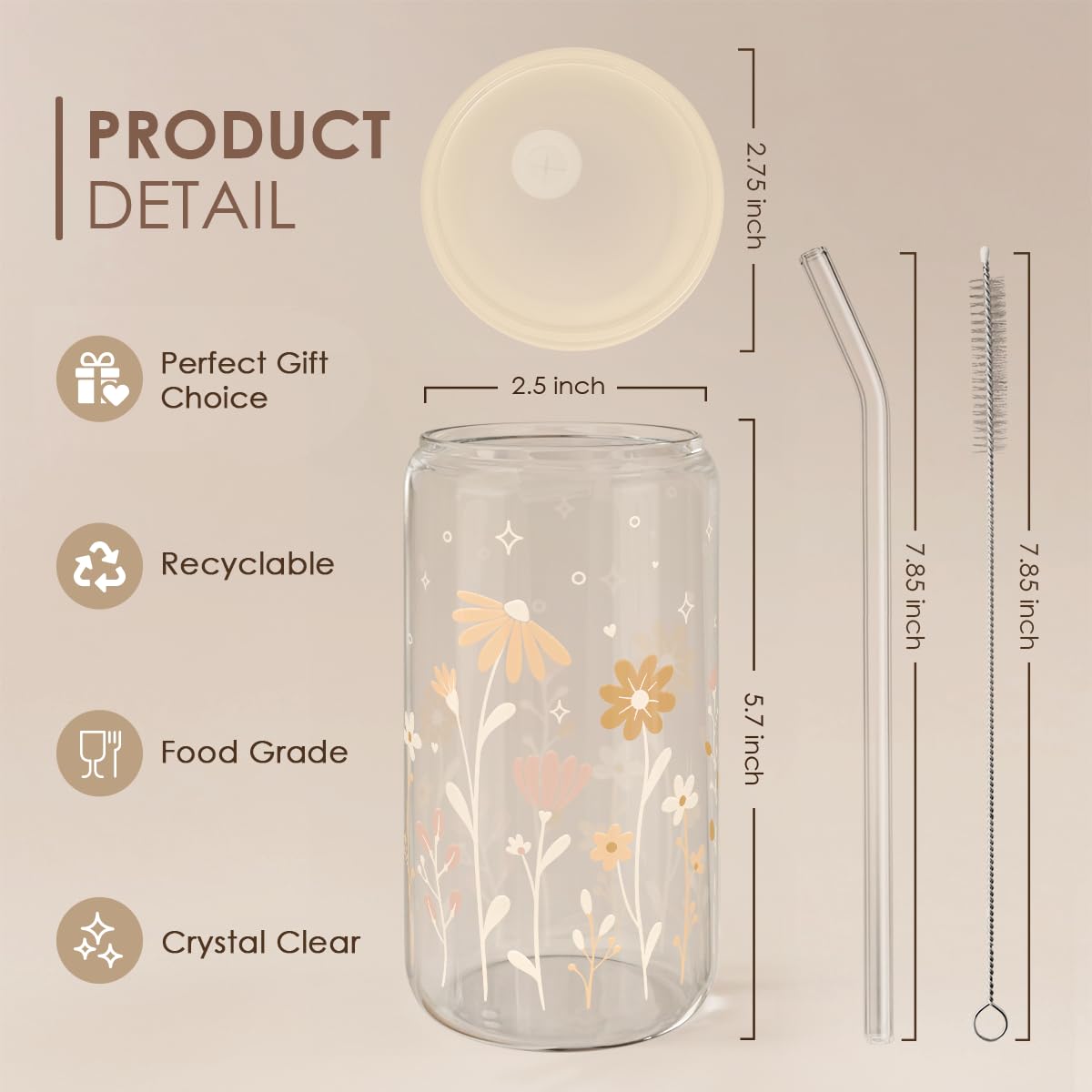 SANDJEST 16oz glass cup with floral design, perfect for smoothies and cold drinks.