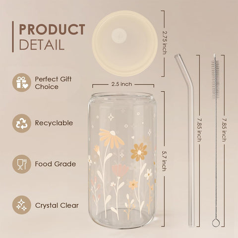 SANDJEST 16oz glass cup with floral design, perfect for smoothies and cold drinks.
