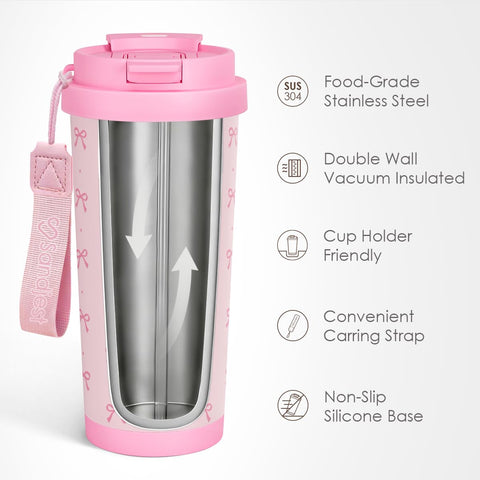 SANDJEST Bow Tumbler pink Bow design with 2-in-1 lid for easy pouring.