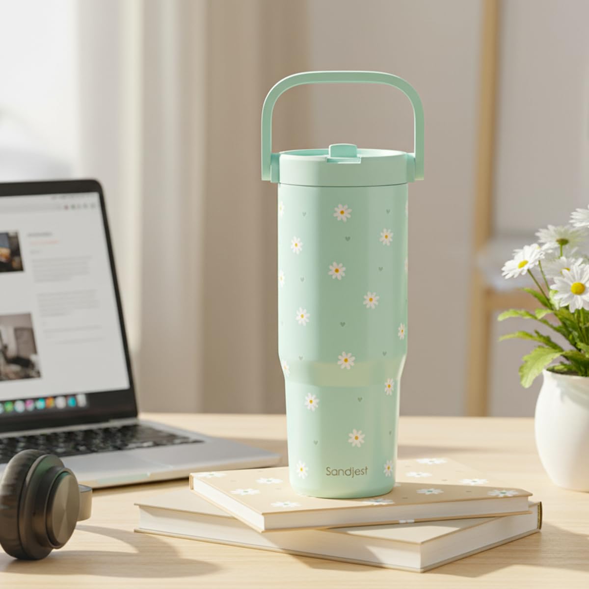 SANDJEST 30oz tumbler pairs with coffee or smoothies on the go.