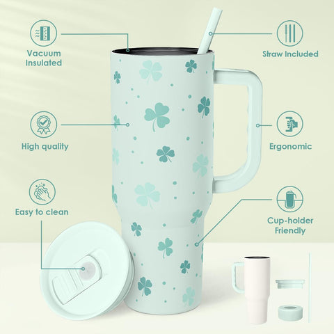 SANDJEST 40oz Shamrock Tumbler with stainless steel walls preserves temperature