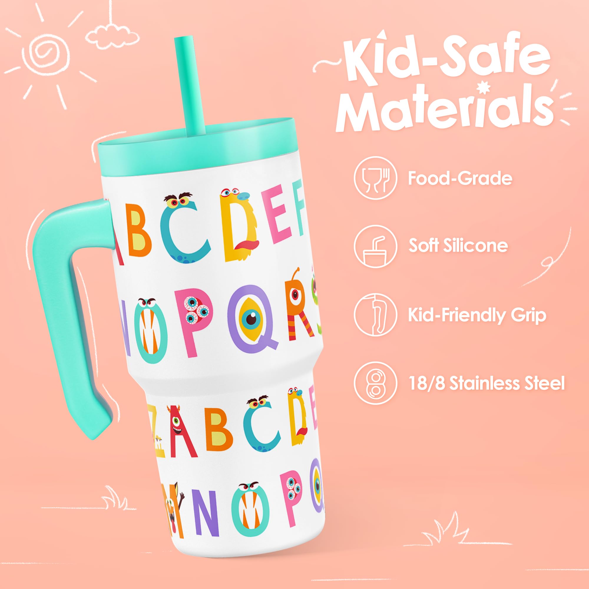 Alphabet Tumbler 20oz with half-handle for secure grip by children