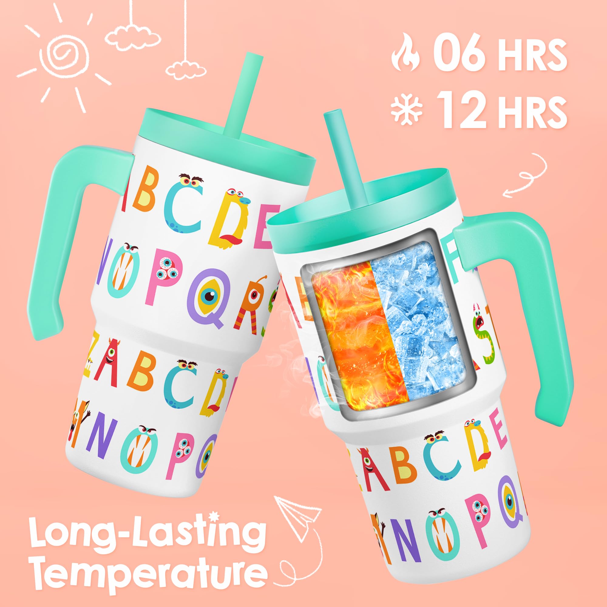 Insulated stainless steel Alphabet Tumbler keeps beverages at temperature