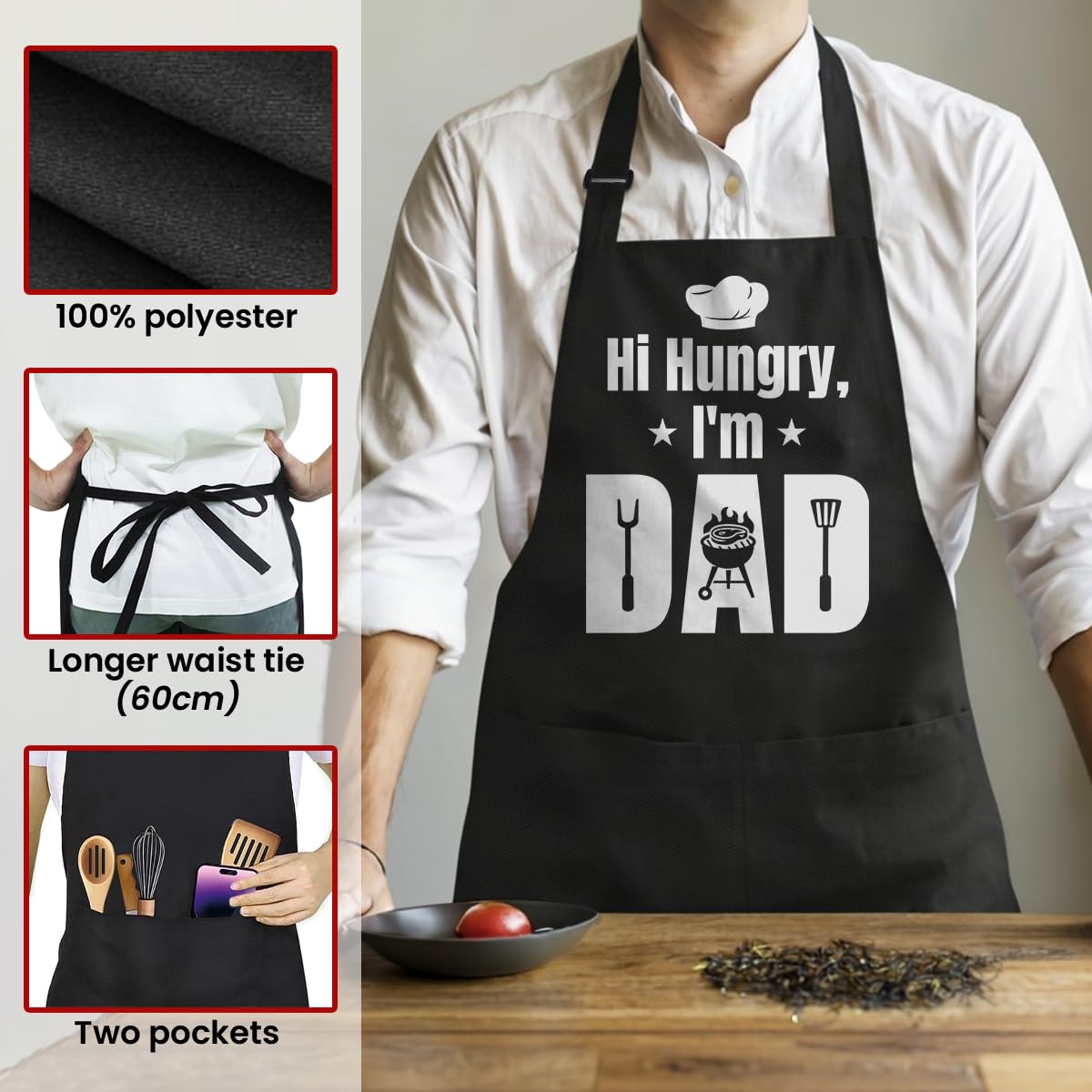 SANDJEST Apron front pockets highlight practical storage for phone and tools during prep.