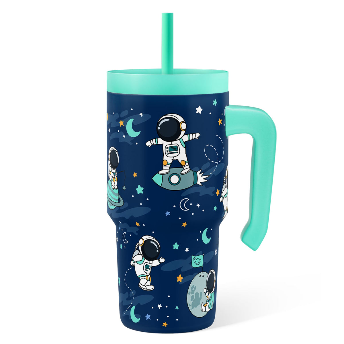 SANDJEST Astronaut Tumbler with half-handle for easy kid-friendly grip.