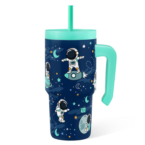 SANDJEST Astronaut Tumbler with half-handle for easy kid-friendly grip.