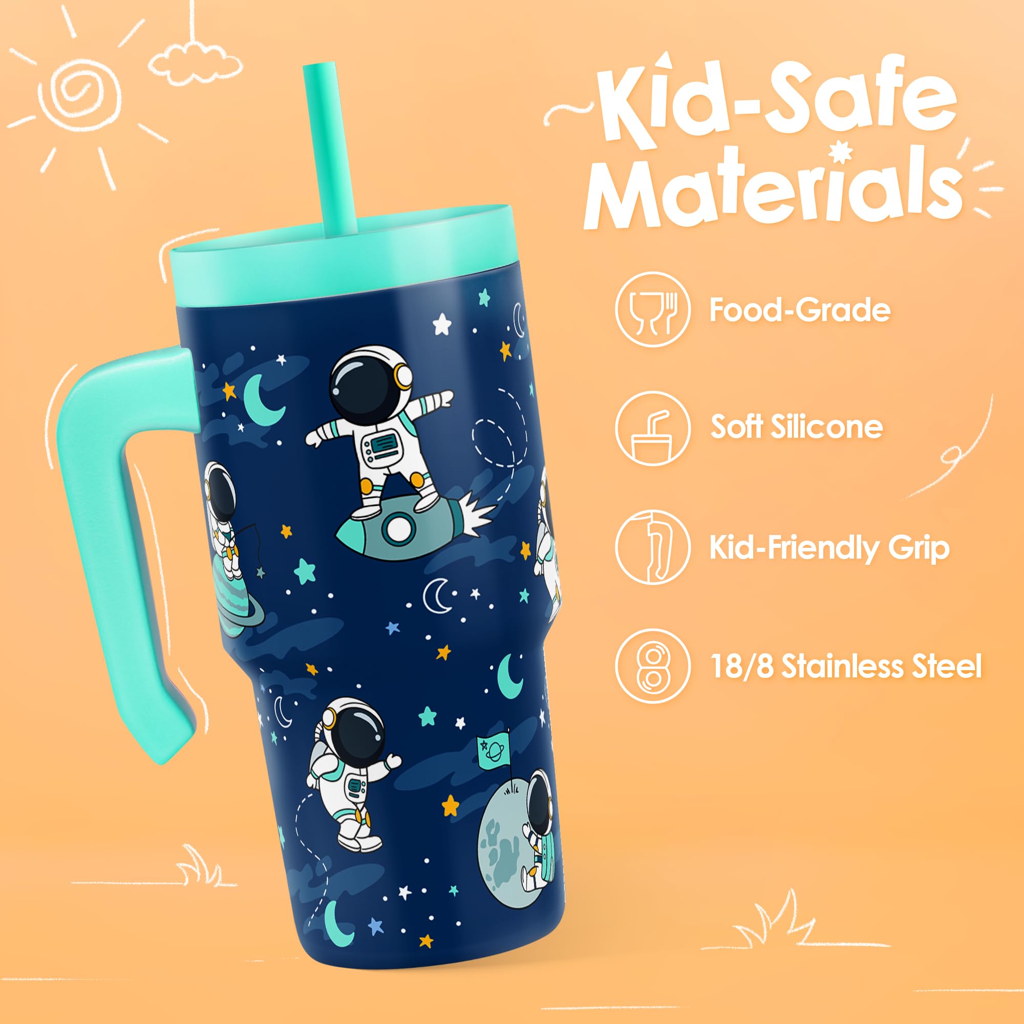 SANDJEST Astronaut Tumbler with silicone straw lid for spill-resistant sipping.