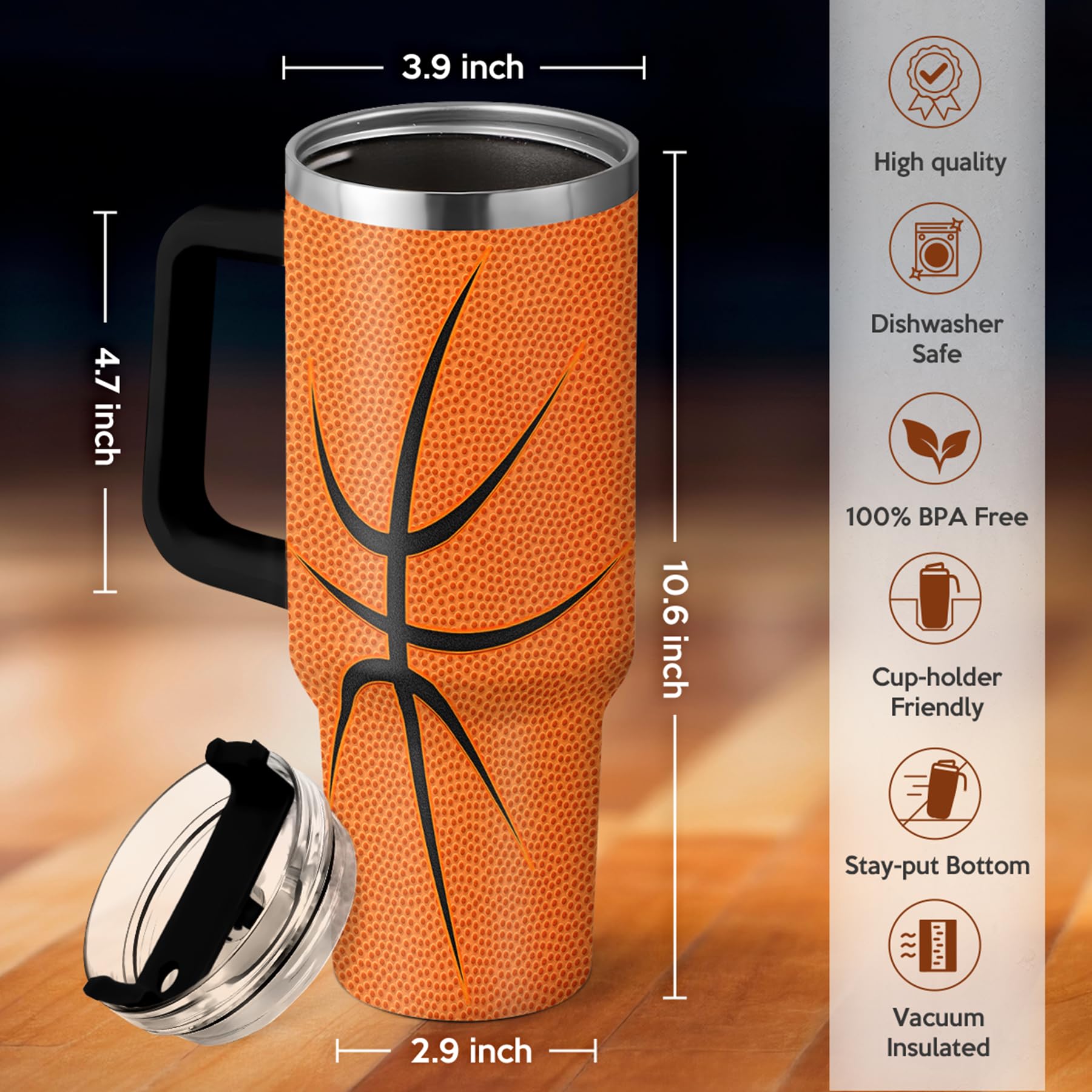 Sandjest basketball tumbler lid and straw for mess-free sipping anywhere.
