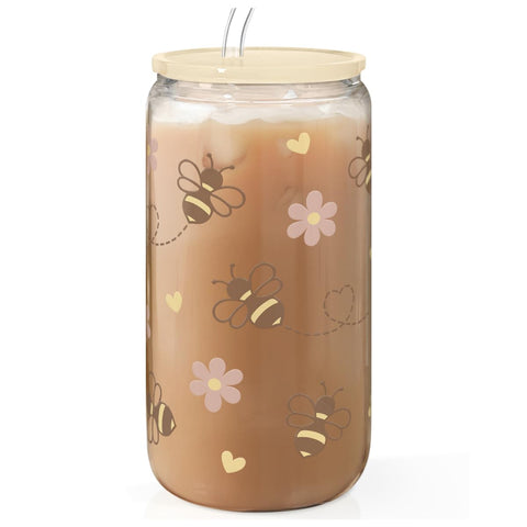 SANDJEST Bee 16oz glass tumbler with lid and straw, perfect for iced coffee on the go