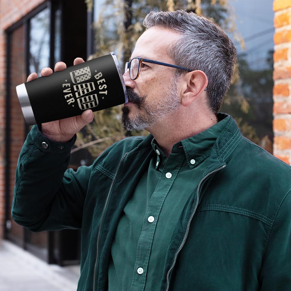 SandJEST Best Dad Ever Tumbler on office desk for all-day sipping.
