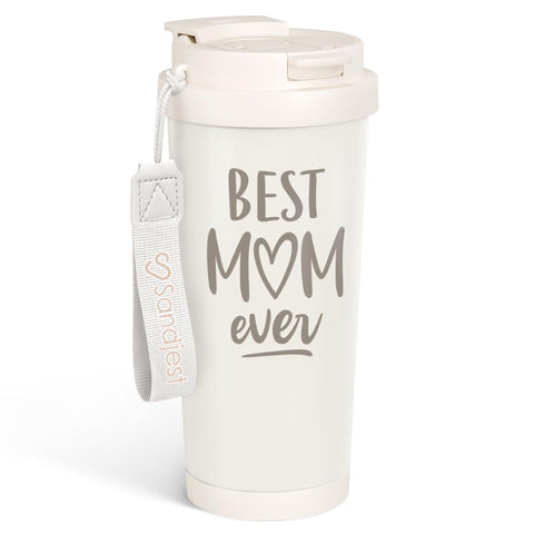SANDJEST Best Mom Ever tumbler with 18 oz capacity for daily coffee.