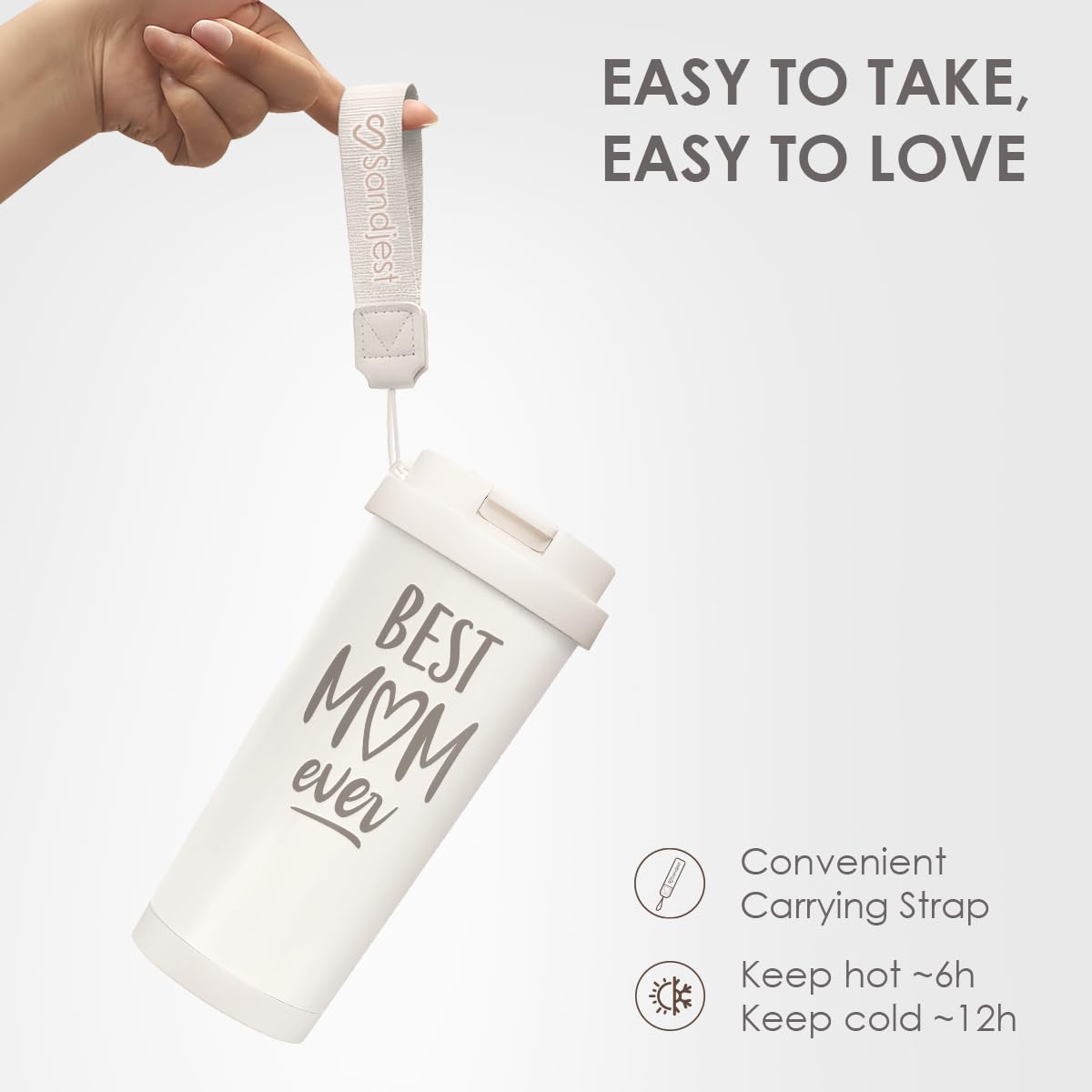 SANDJEST Best Mom Ever tumbler fits car cup holders and backpacks.