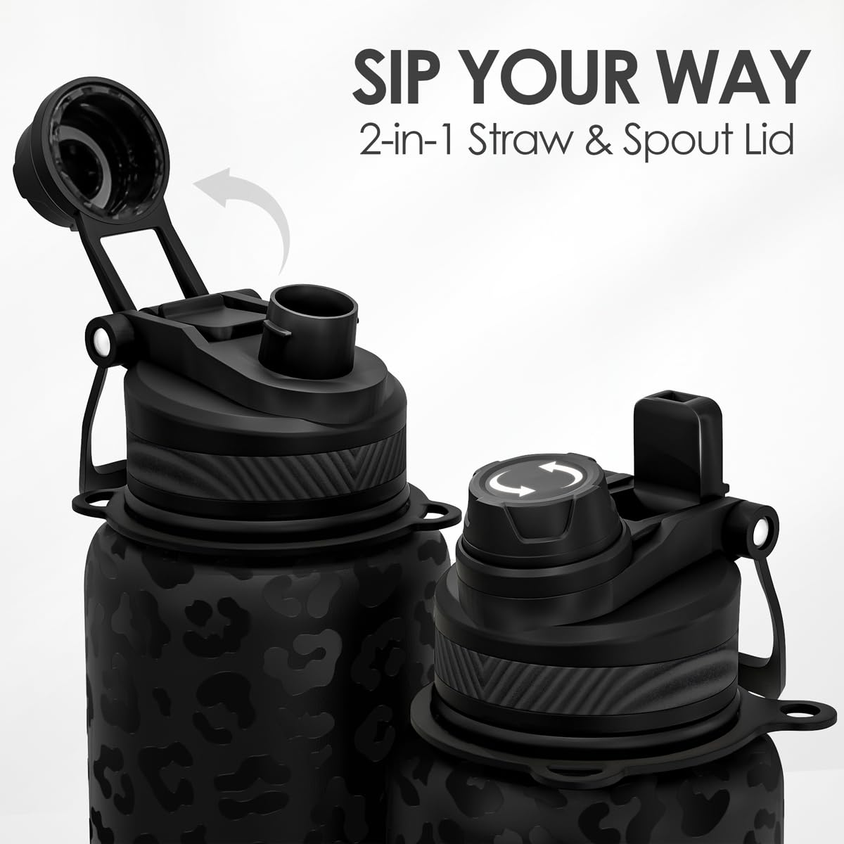 Sandjest leopard skin bottle cap with straw and spout for versatile sipping