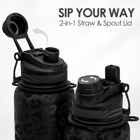 Sandjest leopard skin bottle cap with straw and spout for versatile sipping