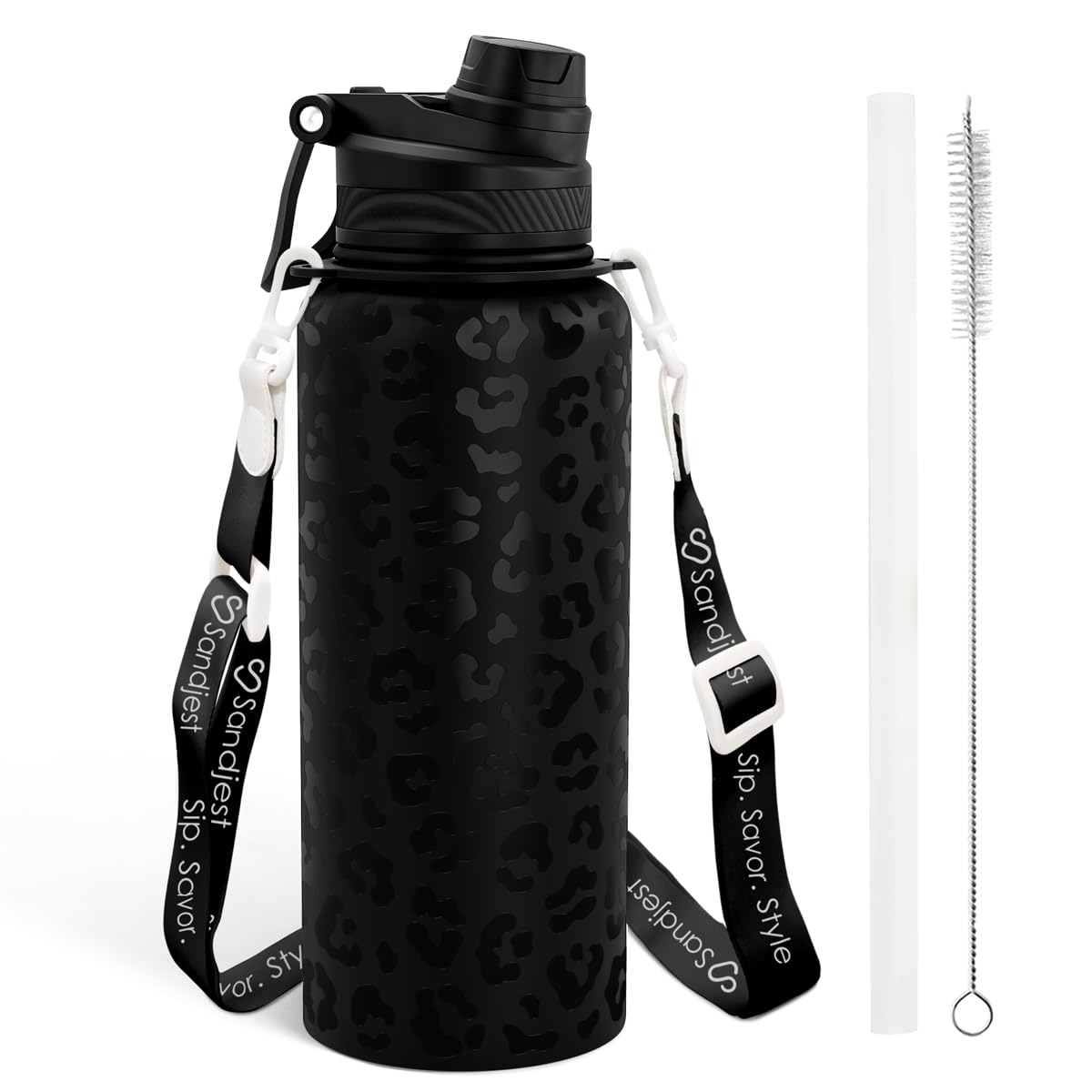 Sandjest bottle front view with leopard pattern, insulated for hours