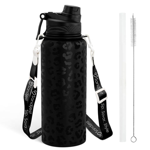 Sandjest bottle front view with leopard pattern, insulated for hours