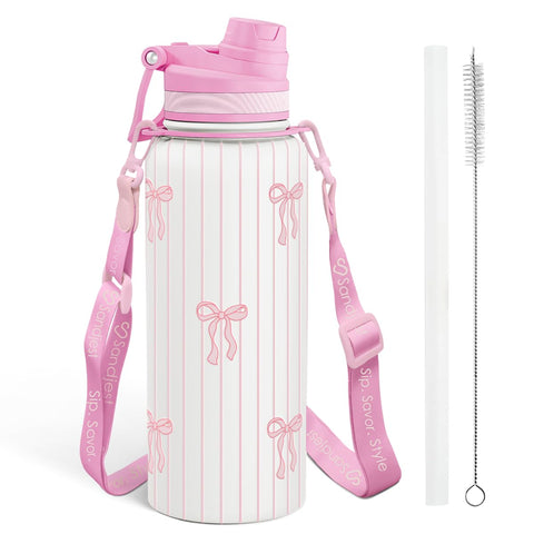 SANDJEST Bow 32oz bottle front view showing durable stainless steel finish