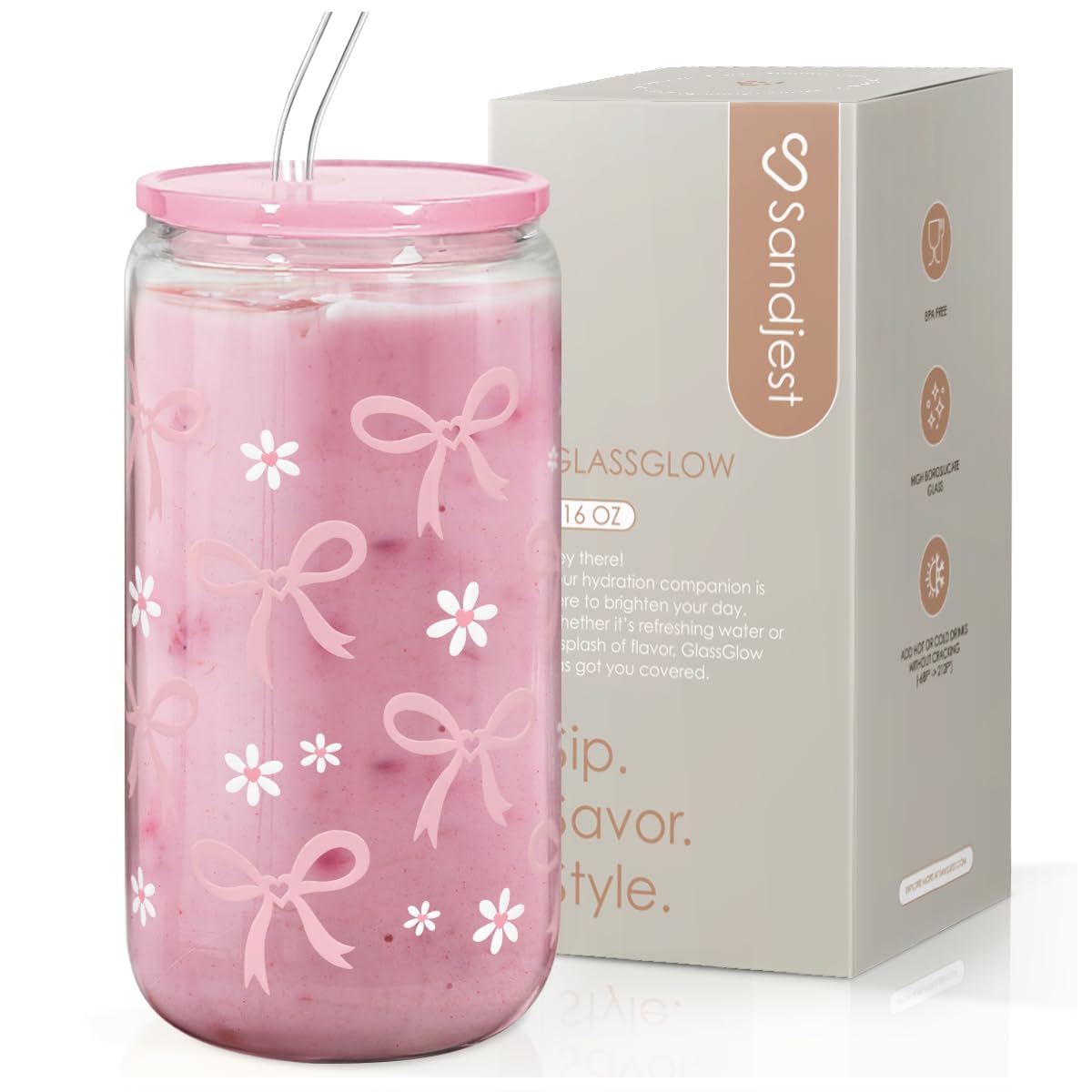 SANDJEST Bow Glass Can front view with lid and straw for stylish iced beverages