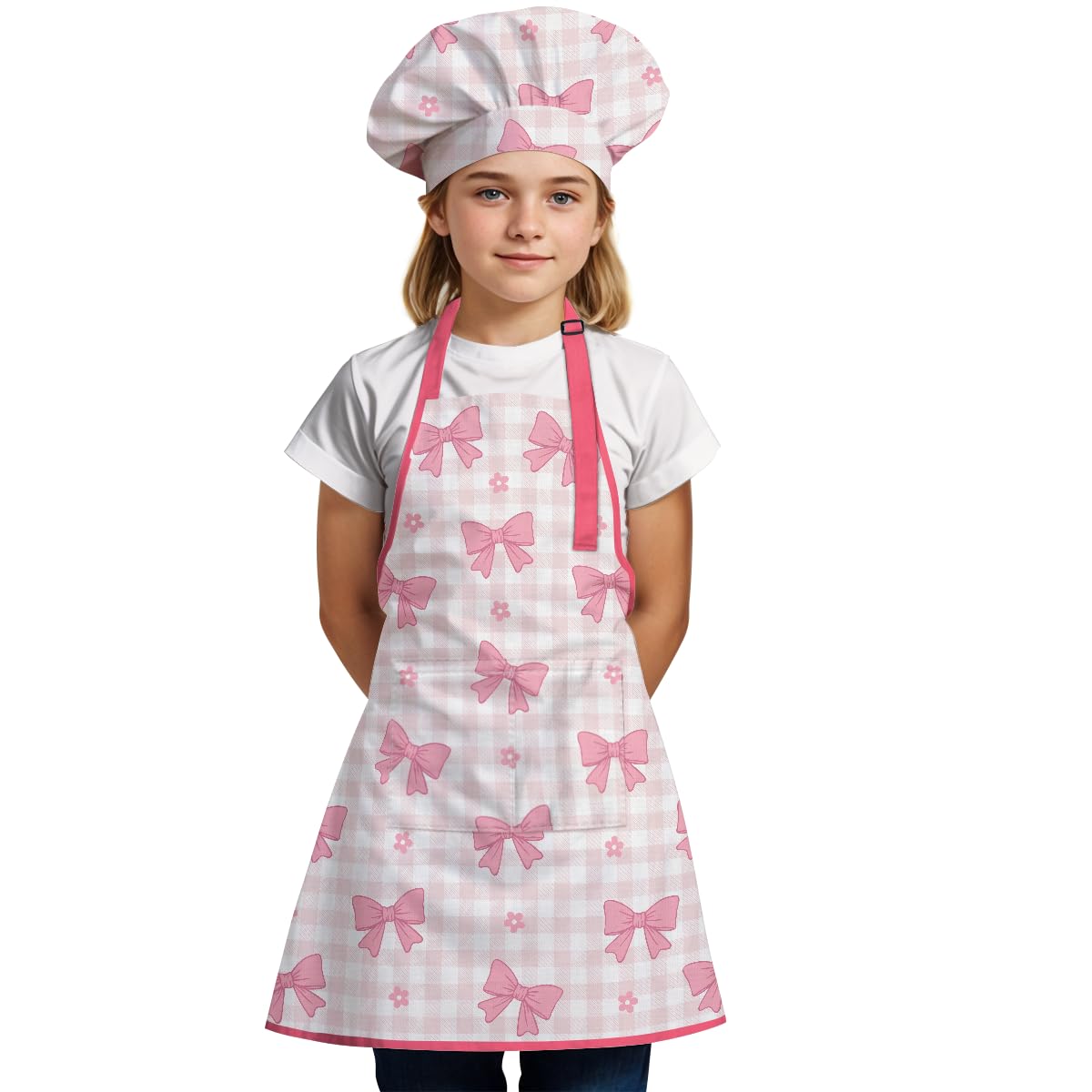 SANDJEST Bow Kid Apron adjustable neck strap detail for comfortable growth.