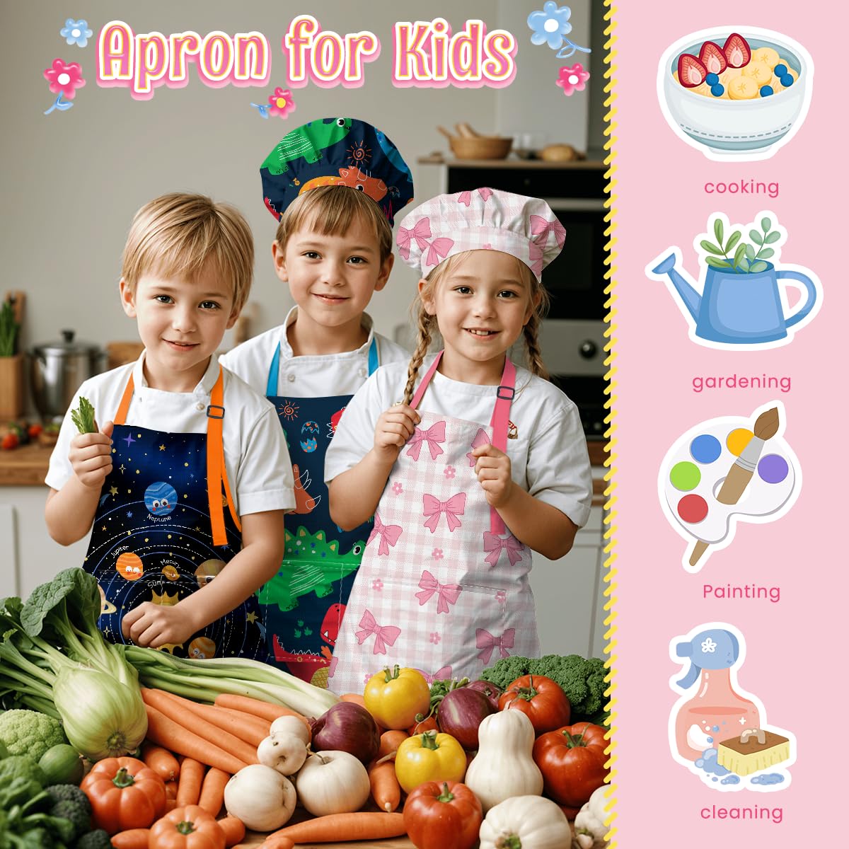 SANDJEST Bow Kid Apron easy care fabric for quick cleanup after messy play.
