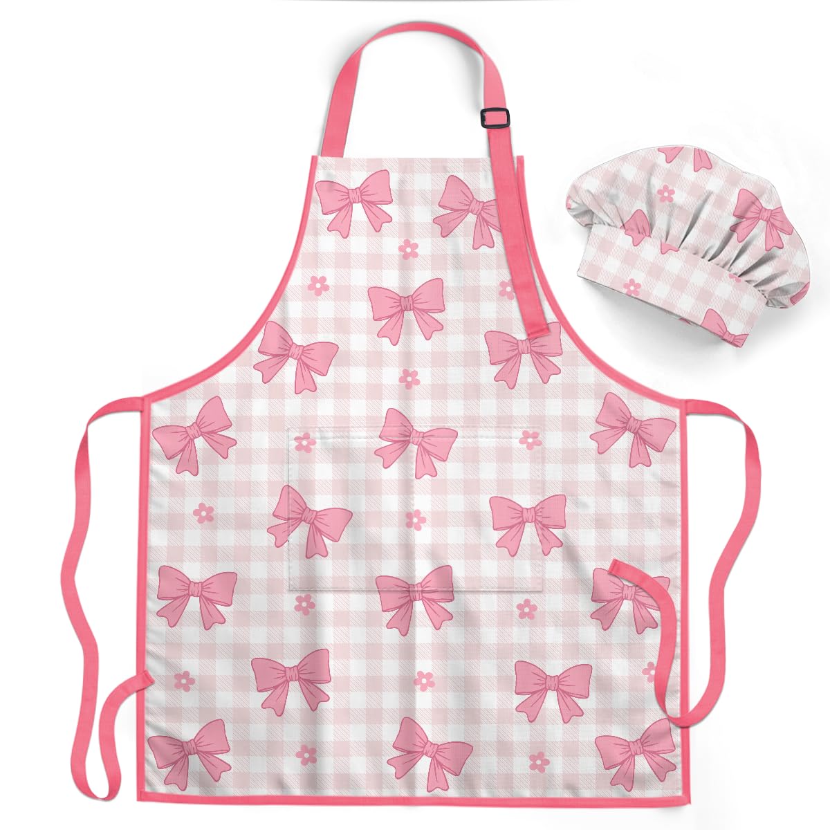 SANDJEST Bow Kid Apron front view with pocket for kid-friendly cooking tools.