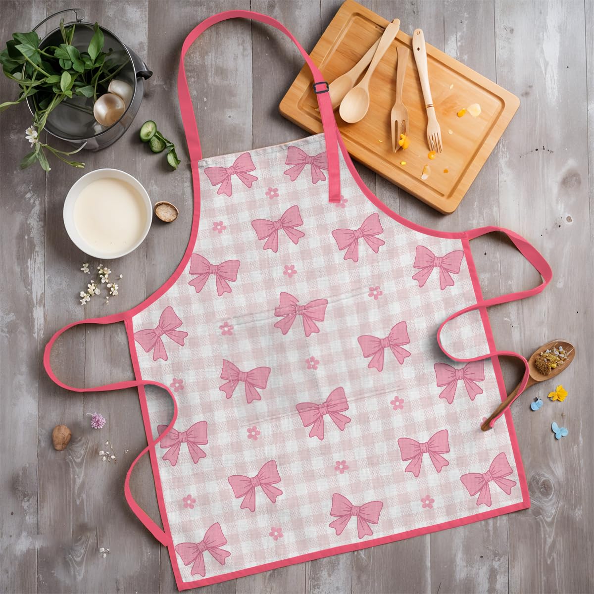 SANDJEST Bow Kid Apron gardening scene showing soil-friendly versatility.