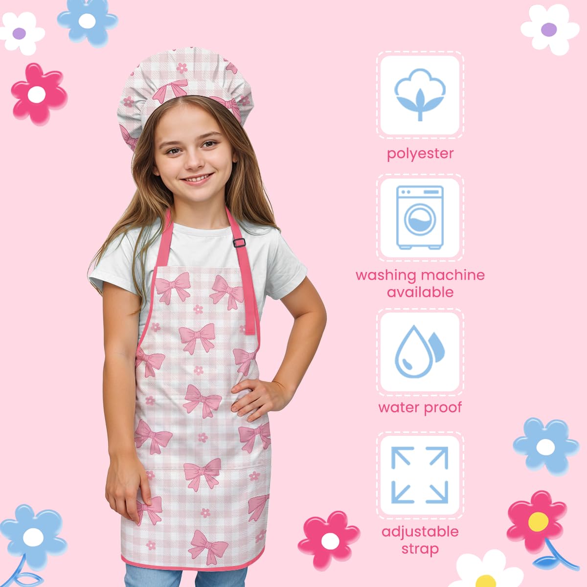 SANDJEST Bow Kid Apron Chef Hat set worn together during baking activities.