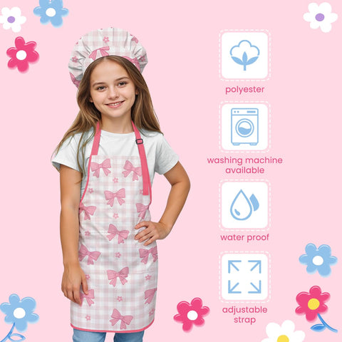 SANDJEST Bow Kid Apron Chef Hat set worn together during baking activities.