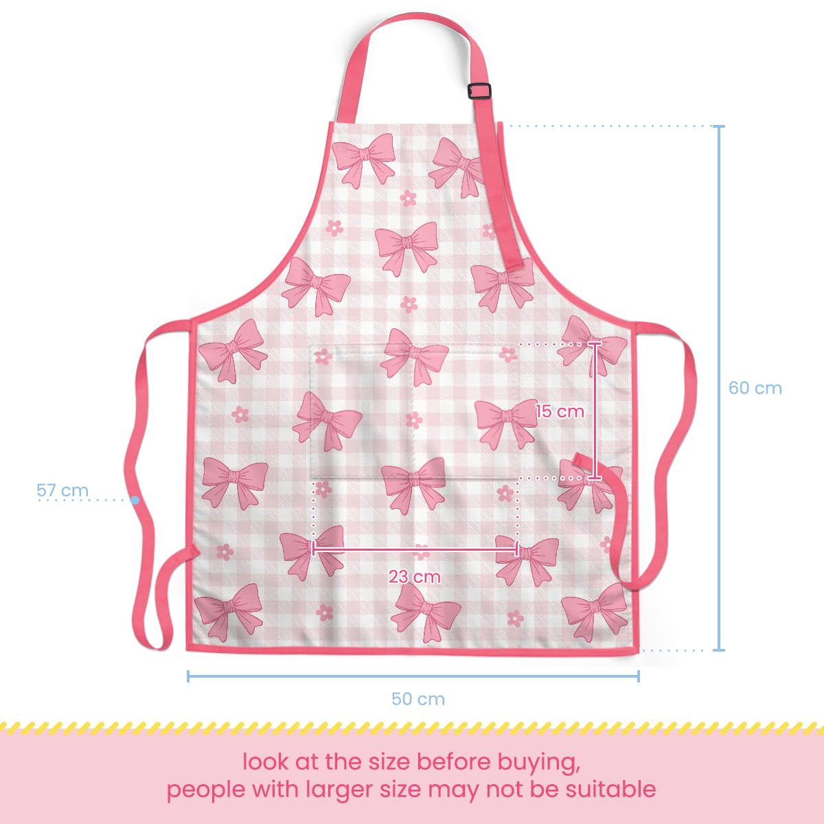 SANDJEST Bow Kid Apron front pocket shown for handy storage during crafts or cooking.