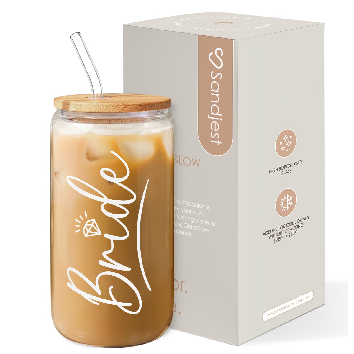 SANDJEST Bride glass coffee cup with bamboo lid, ideal for on-the-go coffee.